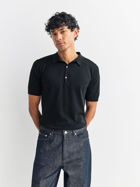 John Smedley Black Adrian Short Sleeve Cotton Knit Polo Shirt (H37992) | 940 QAR