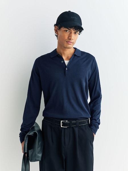 John Smedley Blue Belper Long Sleeve Merino Wool Polo Shirt (H37999) | 1,213 QAR