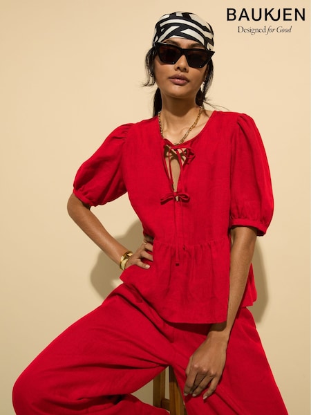 Baukjen Red Azura 100% Linen Tie Detail Blouse (H39032) | €171