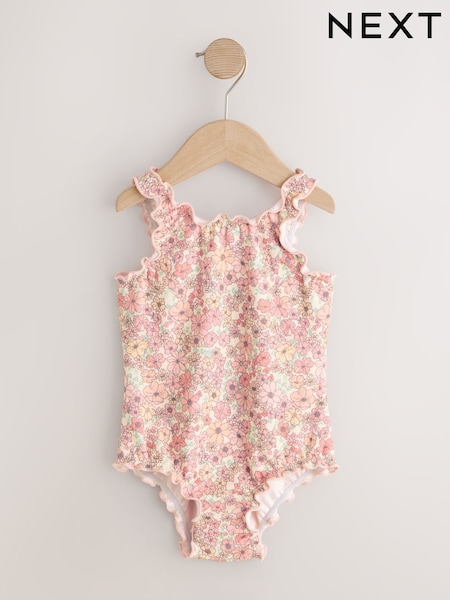 Coral Pink Ditsy Floral Lettuce Edge Swimsuit (3mths-7yrs) (H39047) | 62 QAR - 73 QAR