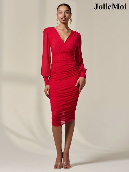 Jolie Moi Red Long Sleeve Ruched Mesh Midi Dress (H39058) | ₪377
