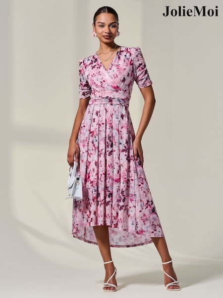 Jolie Moi Pink Petite Wrap Front Ruched Sleeve Midi Dress (H39068) | €118