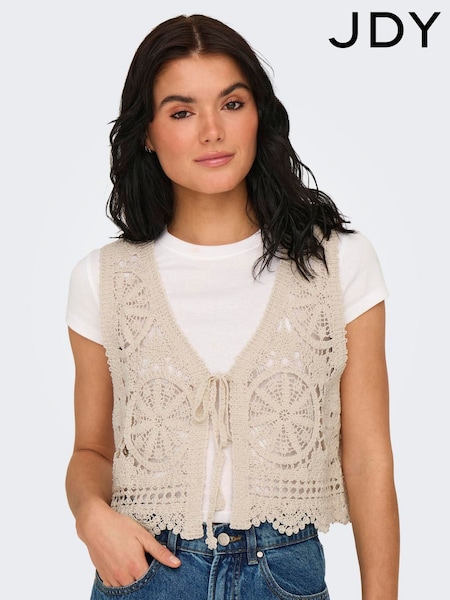JDY Cream 100% Cotton Tie Front Crochet Vest Top (H39080) | ₪151