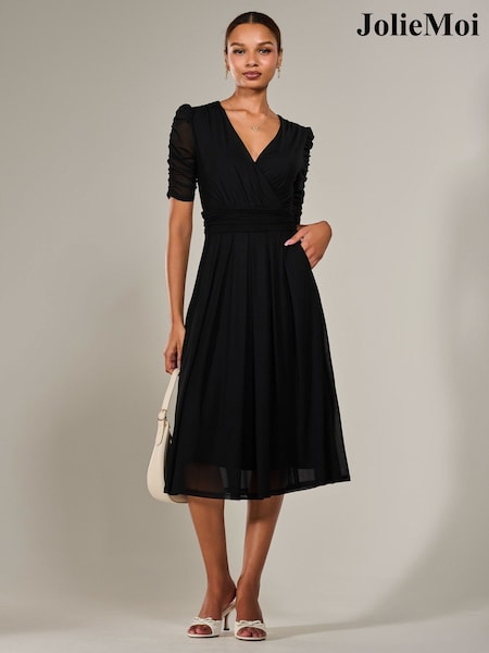 Jolie Moi Black Ruched Sleeve Mesh Maxi Dress (H39110) | 391 QAR