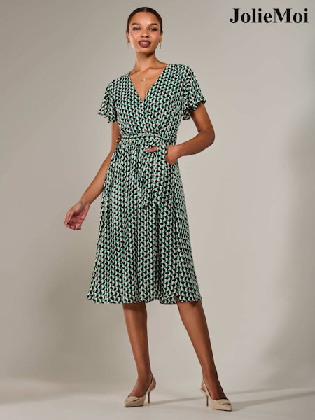 Jolie Moi Green Short Sleeve Side Tie Midi Dress (H39120) | €87