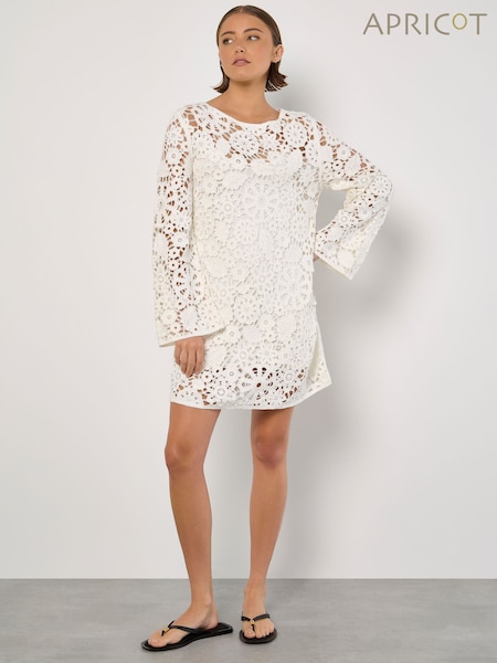 Apricot White Floral Crochet Bell Sleeve Dress (H39124) | €77
