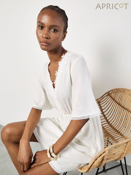 Apricot White Daisy Lace Batwing Linen Dress (H39131) | €51