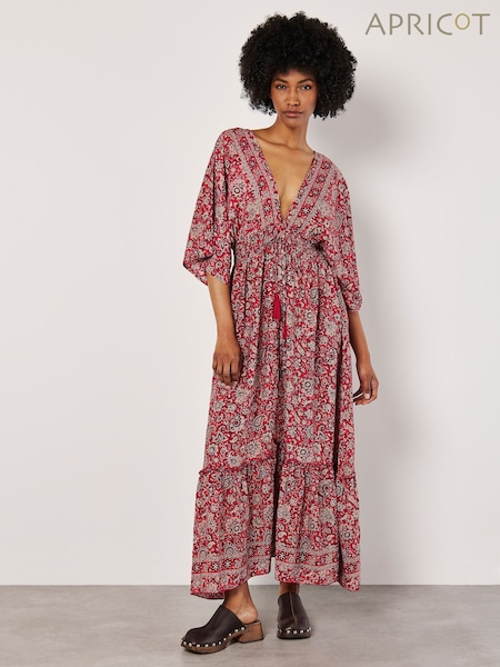 Apricot Red Paisley Foil Flowers Tassel Dress (H39134) | €59