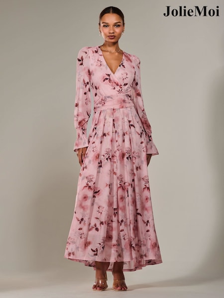 Jolie Moi Pink Long Sleeve Mesh Maxi Dress (H39152) | €125