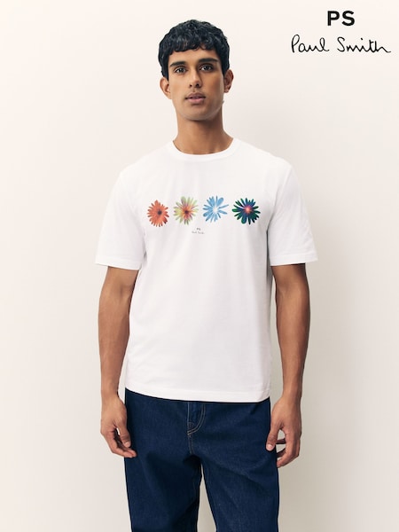 PS Paul Smith Flower Design Graphic Regular-Fit White T-Shirt (H39930) | 371 QAR