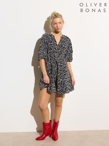 Oliver Bonas Black & White Contrast Broderie Tiered Mini Dress (H40179) | €106