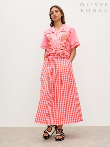 Oliver Bonas Pink Gingham Elasticated Waist 100% Cotton Midi Skirt (H40187) | ₪327