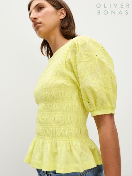 Oliver Bonas Yellow Shirred Broderie Short Sleeve Top (H40189) | ₪226