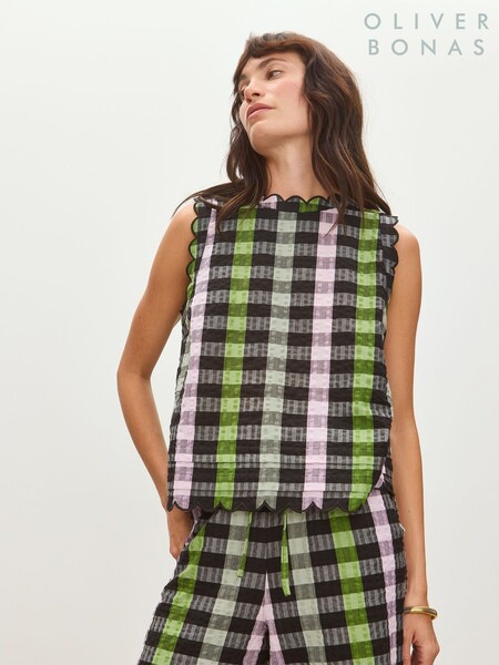 Oliver Bonas Black & Green Checked Scalloped Top (H40190) | ₪277