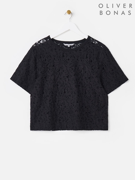 Oliver Bonas Black Floral Print Mesh T-Shirt (H40196) | €58