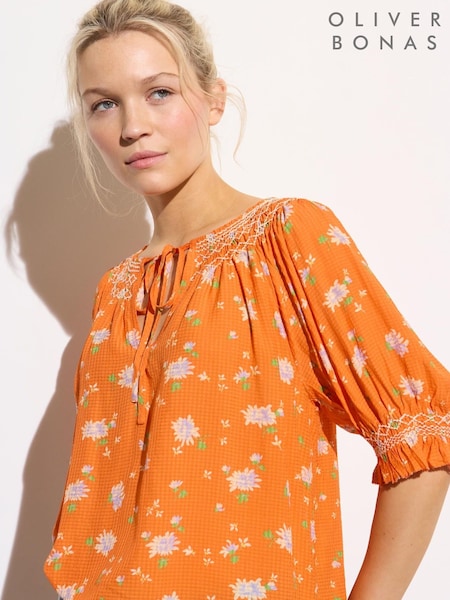 Oliver Bonas Orange Floral Textured Shirred Blouse (H40214) | $96