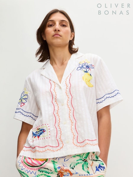 Oliver Bonas White Embroidered Lemon Textured Short Sleeve 100% Cotton Shirt (H40220) | ₪327