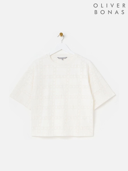 Oliver Bonas White Square Broderie 100% Cotton T-Shirt (H40221) | ₪211