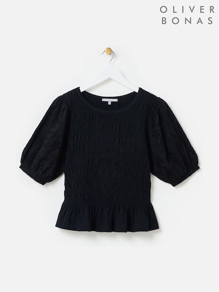 Oliver Bonas Black Shirred Broderie Short Sleeve Top (H40230) | ₪226