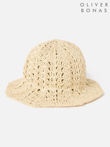 Oliver Bonas Cream Crochet Scalloped Edge Straw Bucket Hat (H40234) | €42