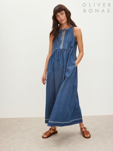 Oliver Bonas Blue Denim Scallop Stitch Sleeveless Midi Dress (H40236) | €104