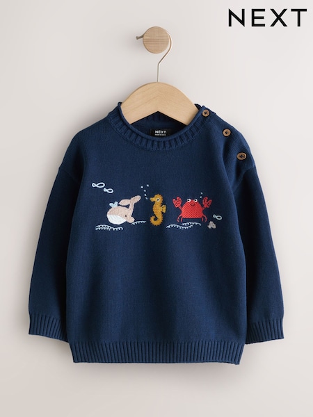 Navy Blue Sealife Character Knitted Crew Neck Jumper (3mths-7yrs) (H40259) | 83 QAR - 94 QAR