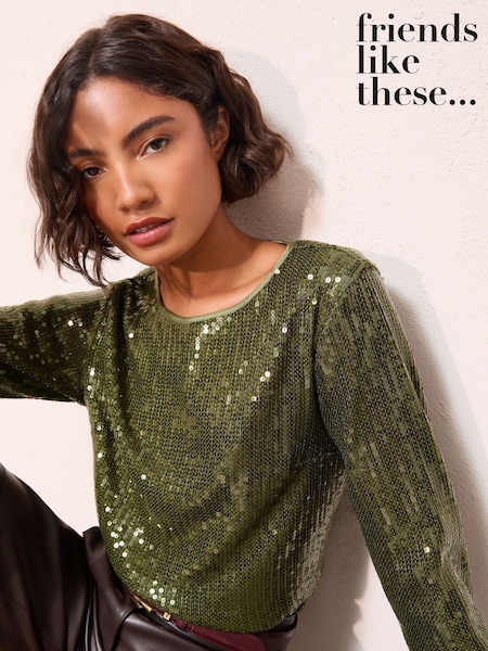 Friends Like These Green Long Sleeve Sequin Blouse (H40698) | €61