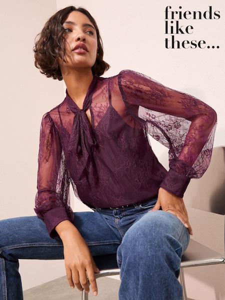 Friends Like These Purple Lace Blouse with Tie Neck Detail (H40699) | €53