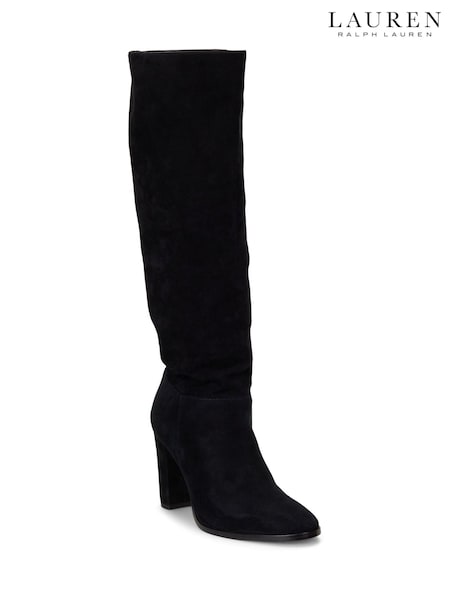 Lauren Ralph Lauren Black Artizan Suede Slouchy Heeled Knee High Boots (H40716) | €318