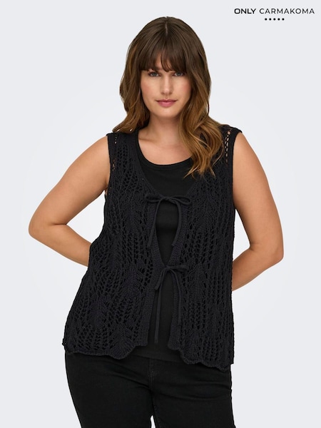 ONLY Curve Black Sleeveless Crochet Tie Vest (H40723) | 139 QAR