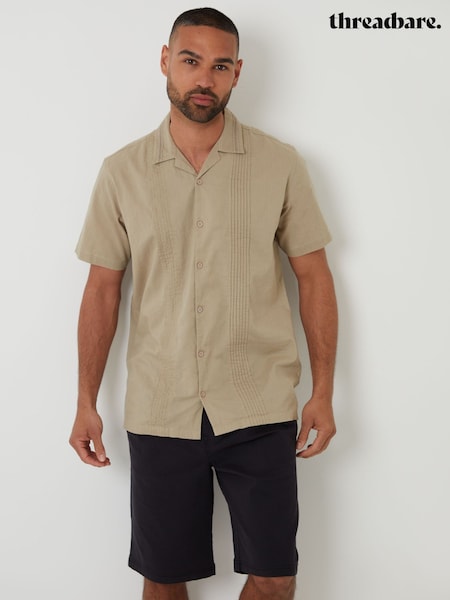 Natural - Threadbare Pleat Detail Linen Blend Short Sleeve Shirt (H40726) | 179 LEI