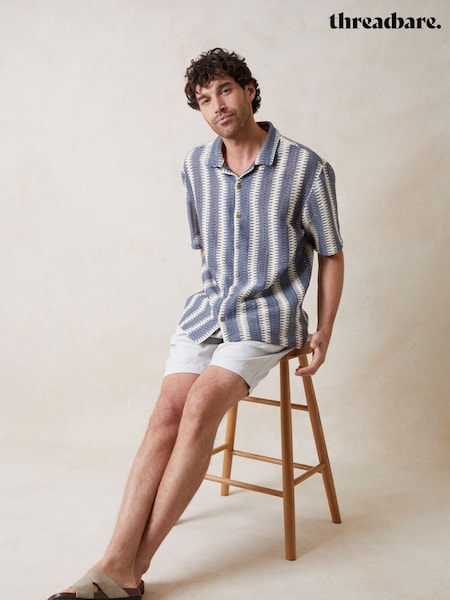 Albastru - Threadbare Relaxed Fit Crochet Short Sleeve Shirt (H40727) | 179 LEI