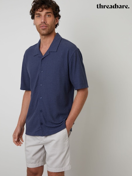 Threadbare Blue Relaxed Fit Textured Revere Collar Shirt (H40765) | €37