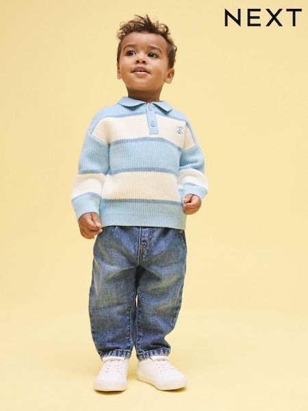 Azul claro - Knitted Stripe Rugby Polo Shirt (3mths-7yrs) (H41073) | R$ 145 - R$ 165