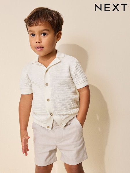 Ecru Revere Collar Short Sleeve Knitted Polo Shirt (3mths-7yrs) (H41090) | 71 SAR - 83 SAR
