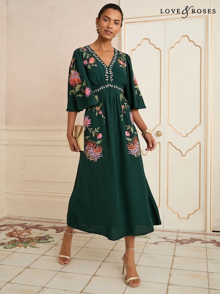 Love & Roses Green Floral Print Embroidered V-Neck Angel Sleeve Midi Dress (H41197) | €117