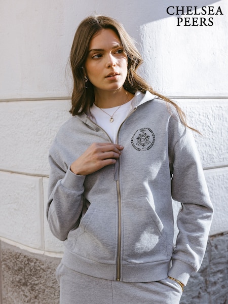 Gri - Chelsea Peers 100% Cotton Embroidered Logo Zip Up Hoodie (H41226) | 432 LEI