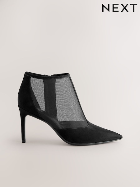 Black Mesh Detail Pointed Toe T-Bar Ankle Boots (H41298) | €57