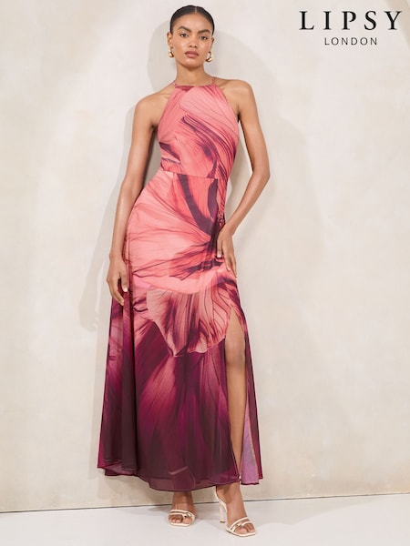 Lipsy Purple Floral Printed Halter Chiffon Sleeveless Maxi Dress (H41319) | €138