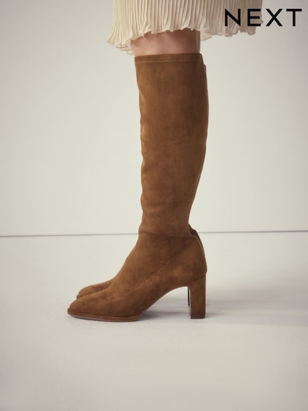 Tan Brown Extra Wide Fit Forever Comfort® Round Toe Knee High Sock Boots (H41378) | AED231