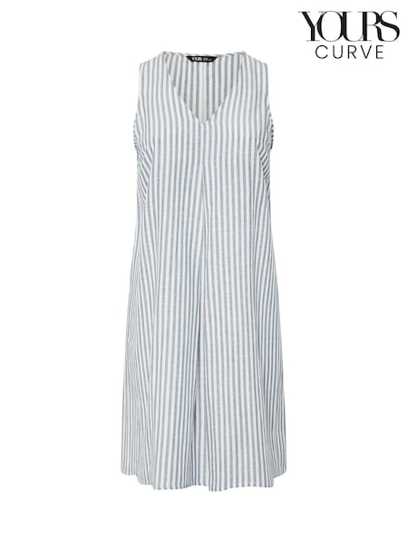 Yours Curve Blue Ground Linen Pleated Front Swing Dress (H41700) | €41