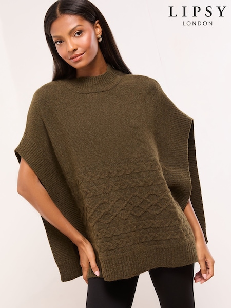 Lipsy Olive Green Cosy Cable Knit Poncho (H42024) | €40.50
