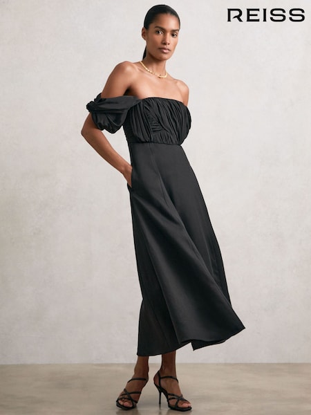 Reiss Black Frankie Bardot Sculpted Bodice Midi Dress With Linen (H42071) | €370