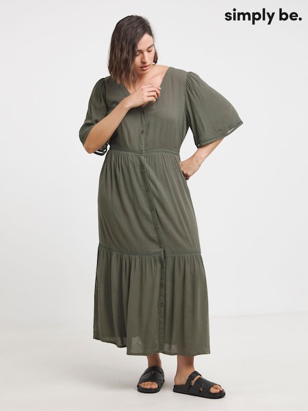 Simply Be Green Crinkle Ladder Trim Midi Smock Dress (H42079) | €53
