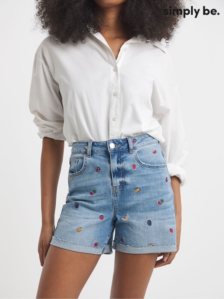 Simply Be Mom Fruit Salad Embroidered Roll Hem Denim Shorts (H42083) | 238 LEI