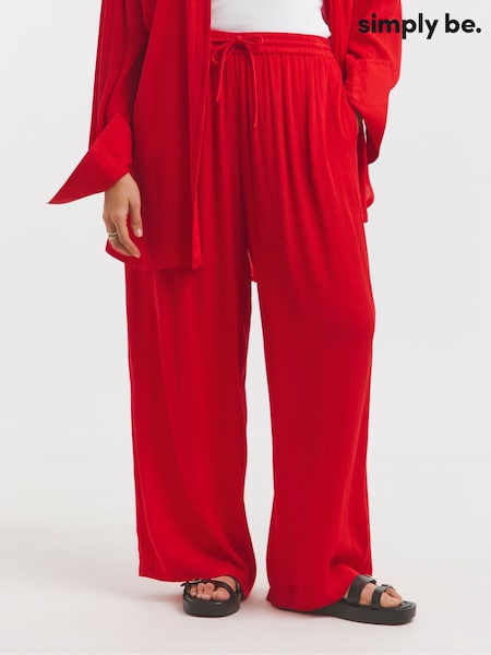 Simply Be Red Wide Fit Tie Waist Crinkle Wide Leg Trousers (H42087) | €43
