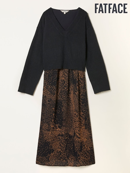 FatFace Aileen Black Layered Animal Petite 2 in 1 Midi Dress (H42132) | €99