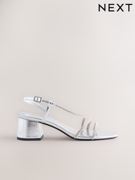 Silver Forever Comfort Square Toe Jewelled Strappy Block Heeled Sandals (H42209) | €41
