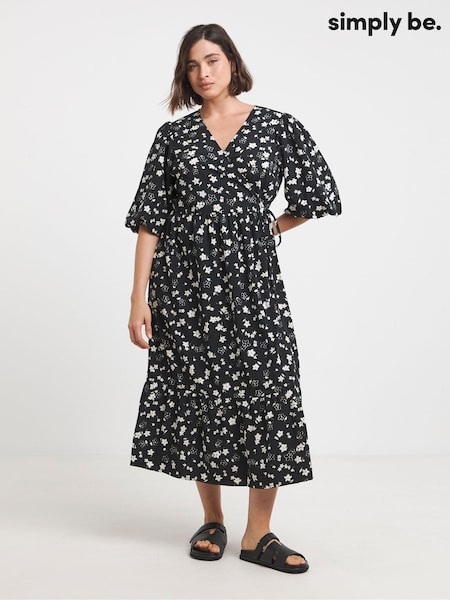 Simply Be Black Puff Sleeve Woven Wrap Midi Dress (H42262) | €50