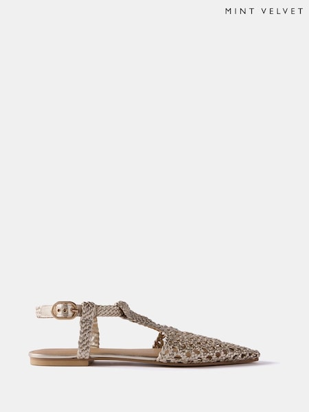 Mint Velvet Gold Leather Woven Flat Sandals (H42435) | €136